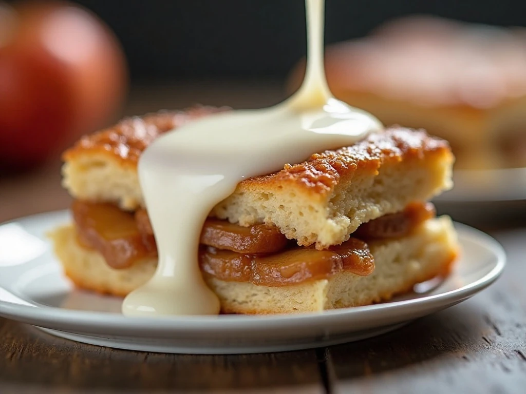 Vanilla glaze drizzled over a flaky apple braid slice