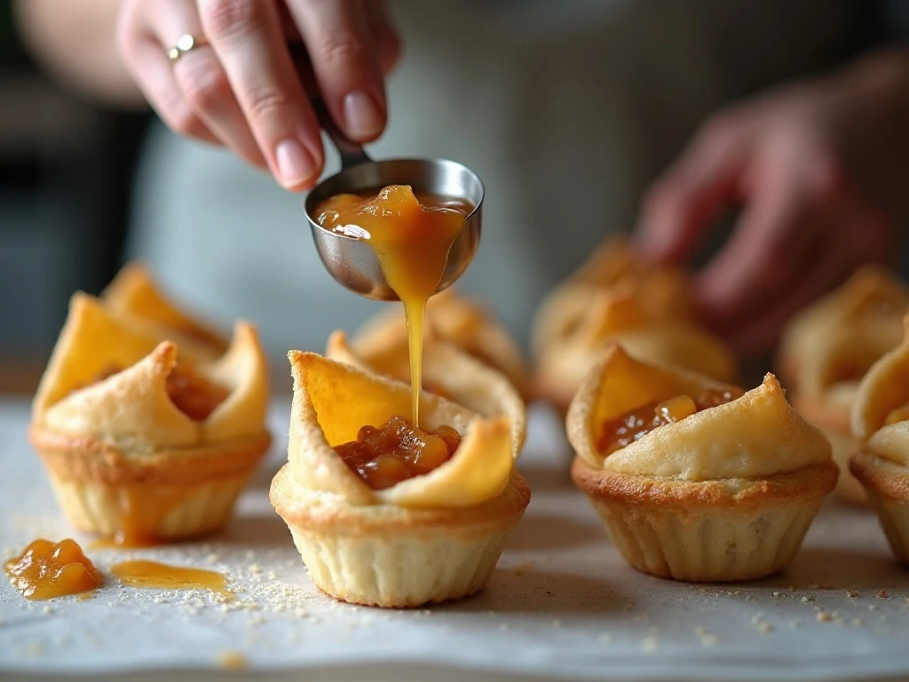 Adding cooled apple filling to puff pastry muffin cups