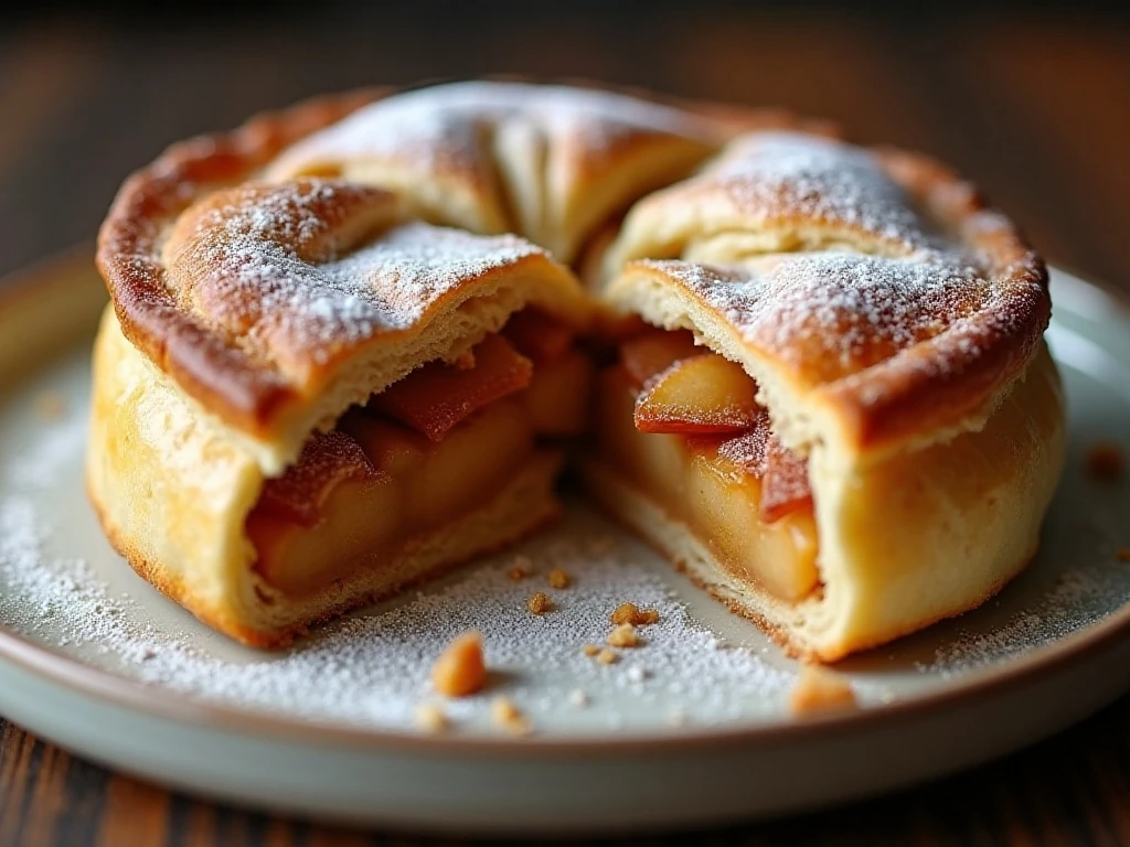 Close-up of flaky apple pie pastry and cinnamon apple filling