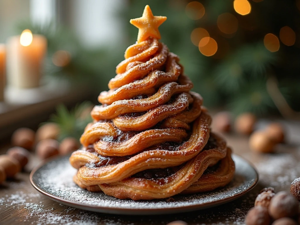 Golden chocolate-hazelnut puff pastry Christmas tree on a holiday platter