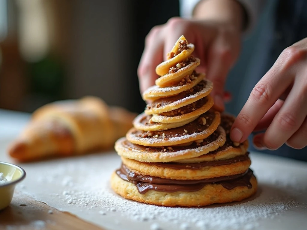 Shaping and twisting puff pastry branches for a Christmas tree
