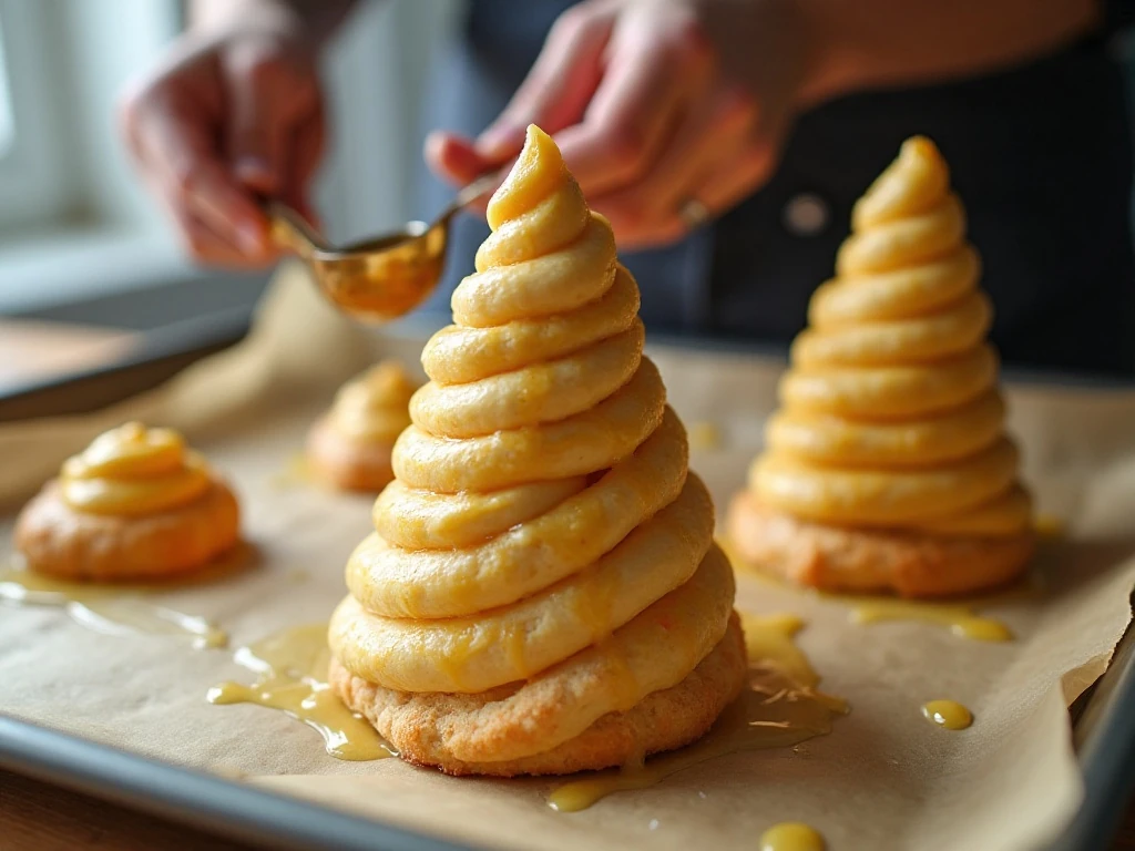 Brushing egg wash over a shaped puff pastry Christmas tree