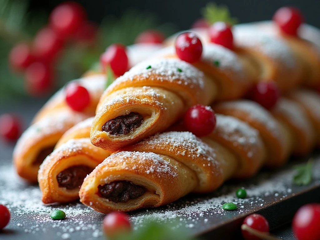Icing sugar, berries, and sprinkles decorating puff pastry Christmas tree branches