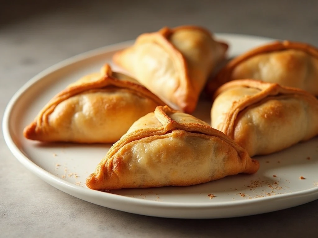 Golden rough puff pastry apple turnovers arranged on a serving platter
