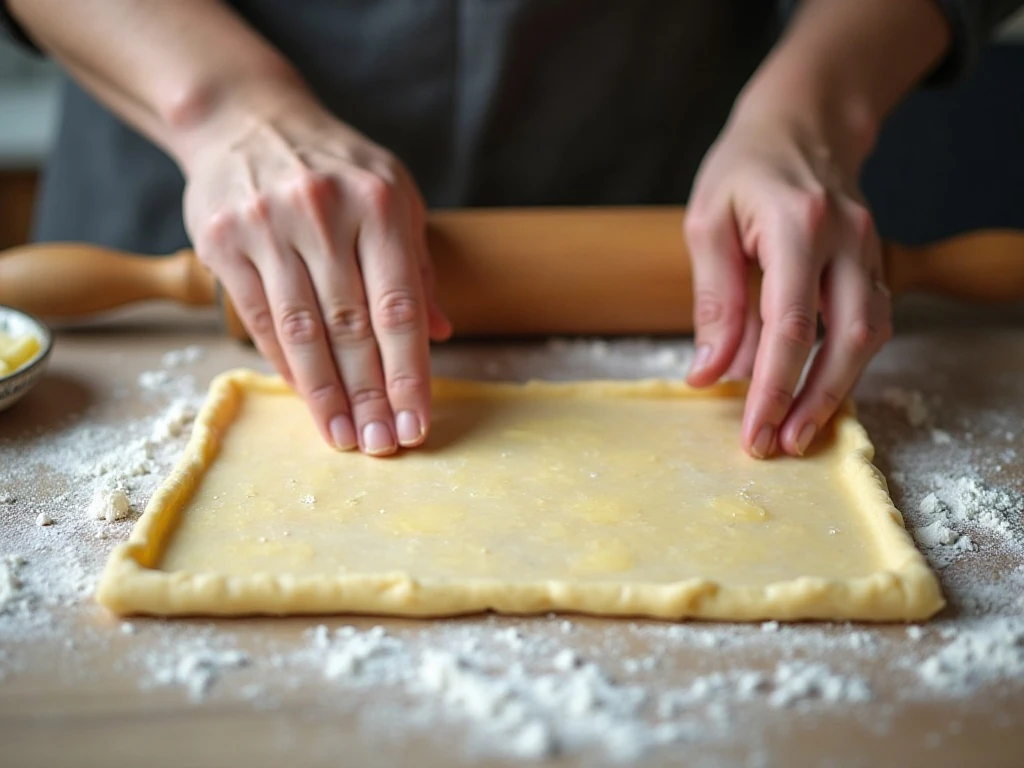 Rough puff pastry being rolled and folded into layers