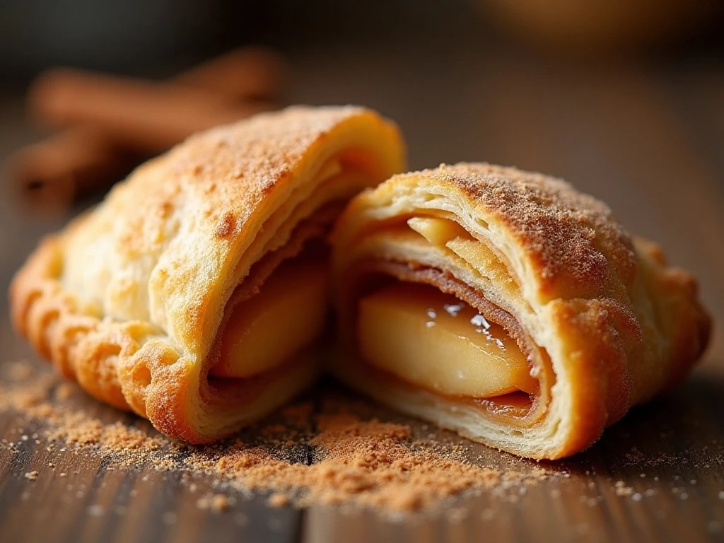 Close-up showing flaky puff pastry layers and apple filling