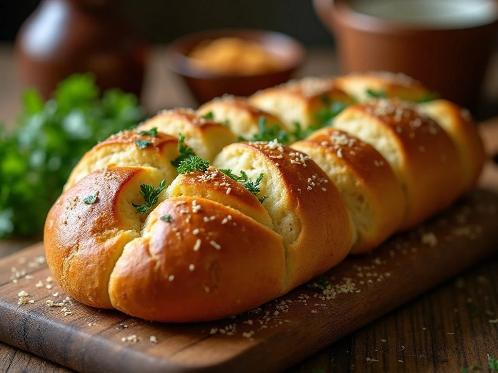 Golden pull-apart garlic bread loaf served warm on a wooden board