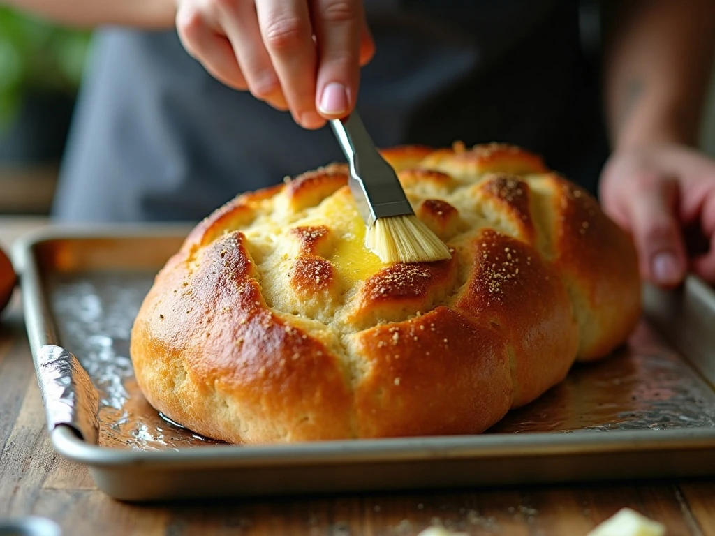 Brushing garlic butter into crosshatched bread cuts