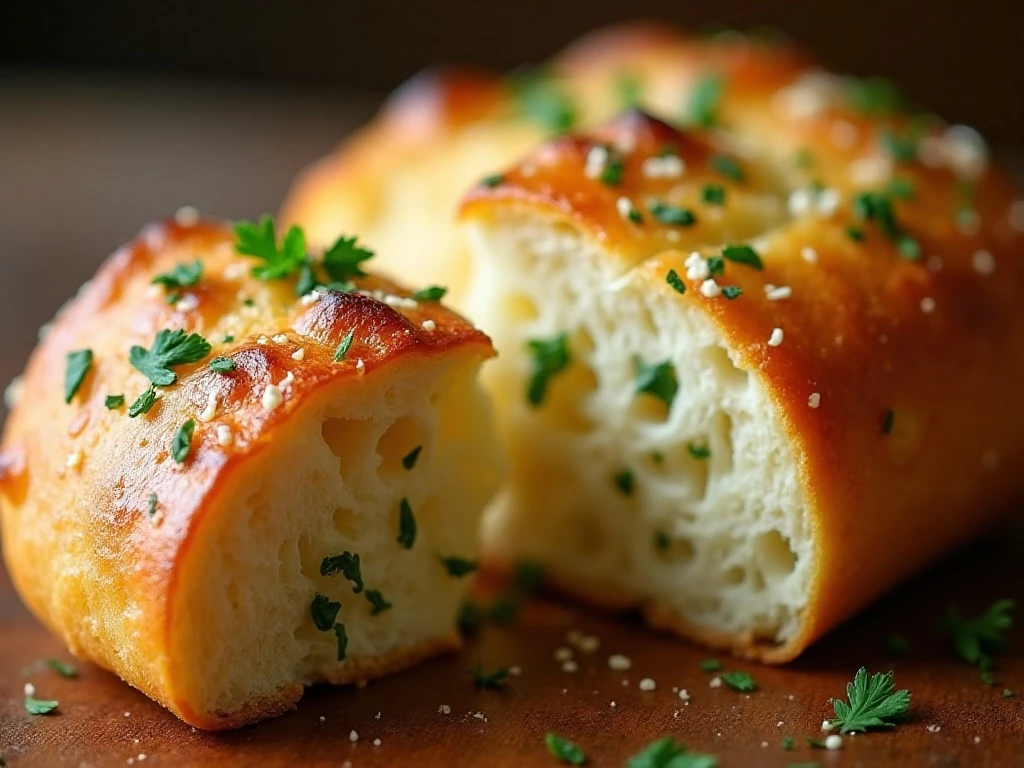 Close-up of buttery soft layers in pull-apart garlic bread