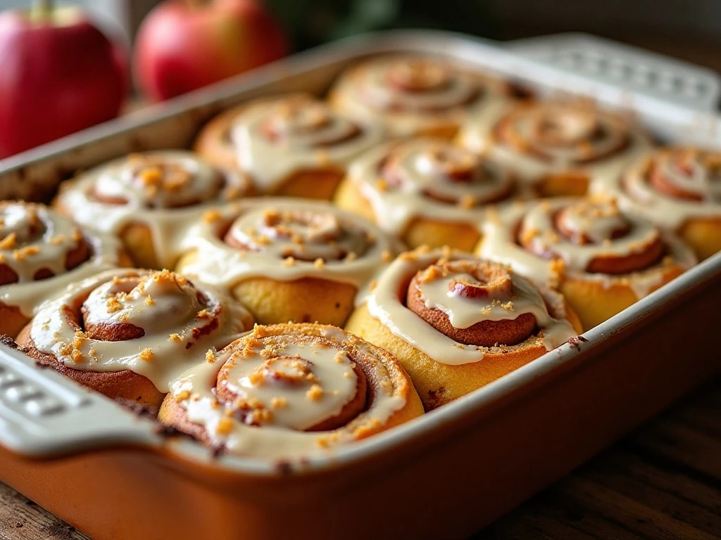 Pumpkin-spiced apple Cinnabon rolls covered with cream-cheese frosting