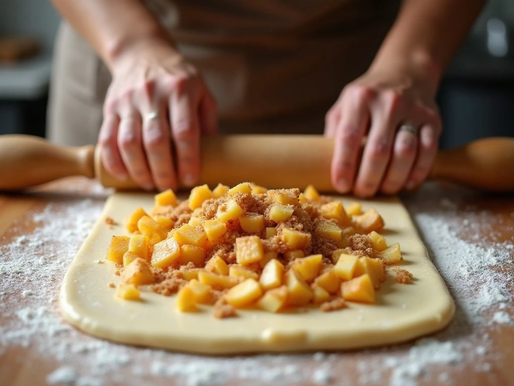 Rolling pumpkin dough with apple cinnamon filling