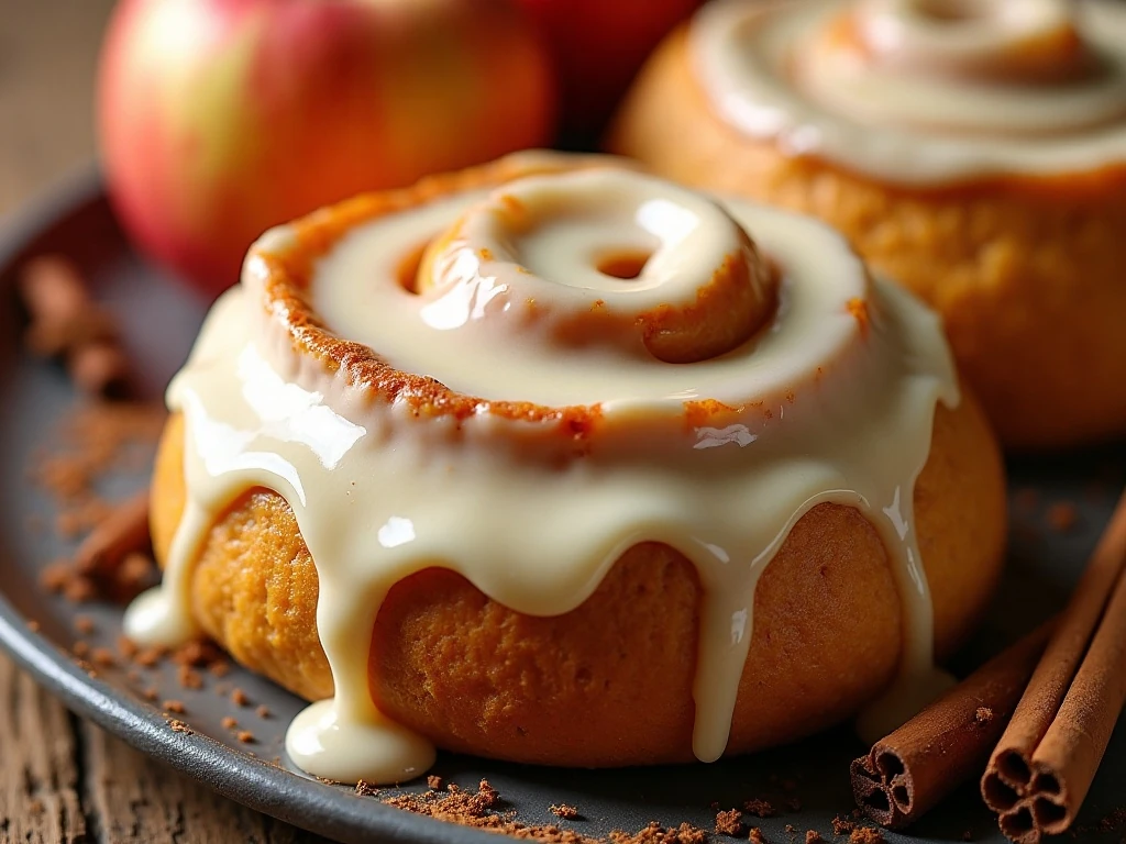 Cream-cheese frosting melting over a pumpkin apple cinnamon roll