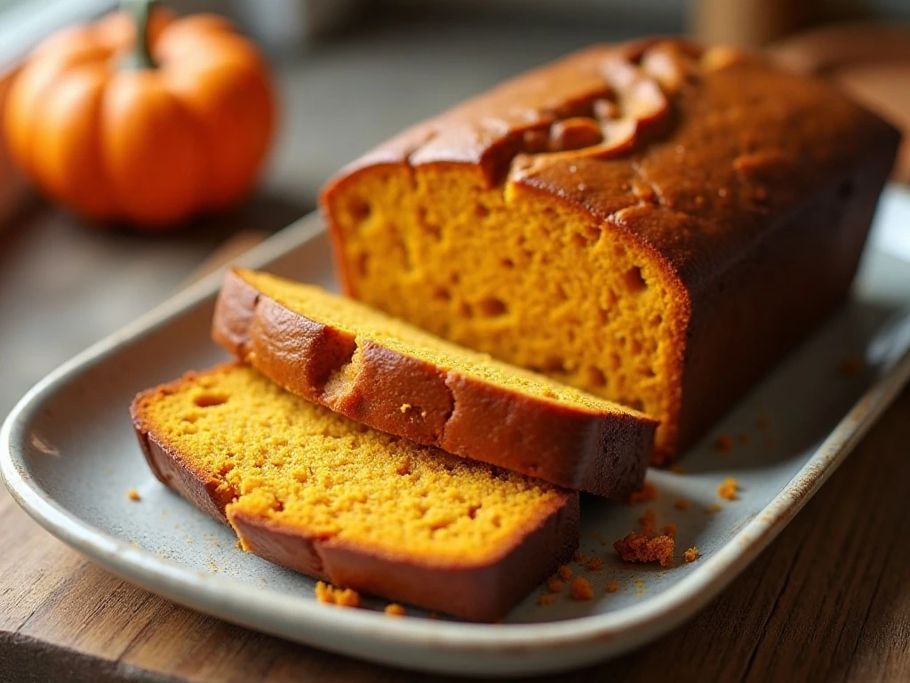 Sliced moist pumpkin bread made with yogurt