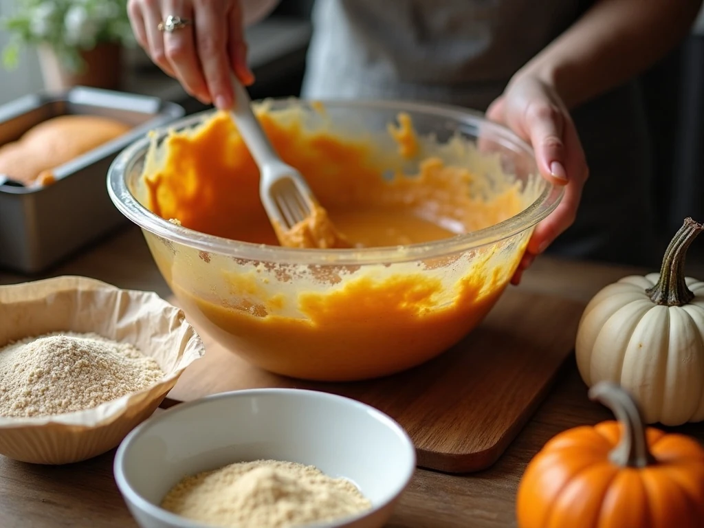 Mixing pumpkin bread batter with yogurt