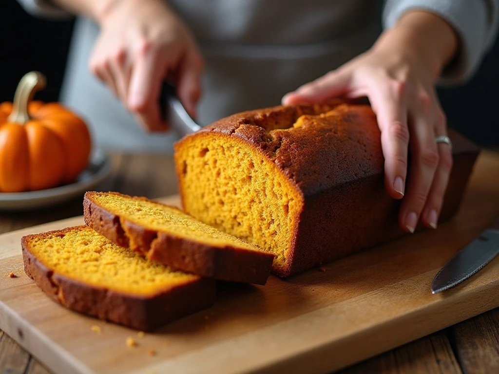 Slicing cooled moist pumpkin bread