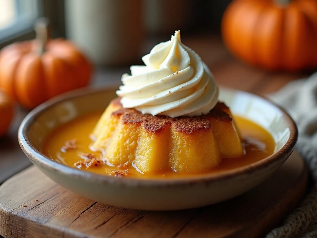 Warm pumpkin bread pudding topped with pumpkin spice whipped cream