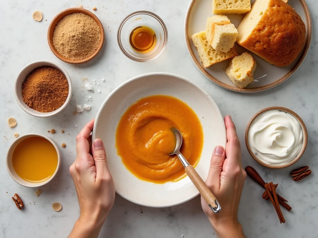 Ingredients for pumpkin bread pudding and pumpkin spice whipped cream