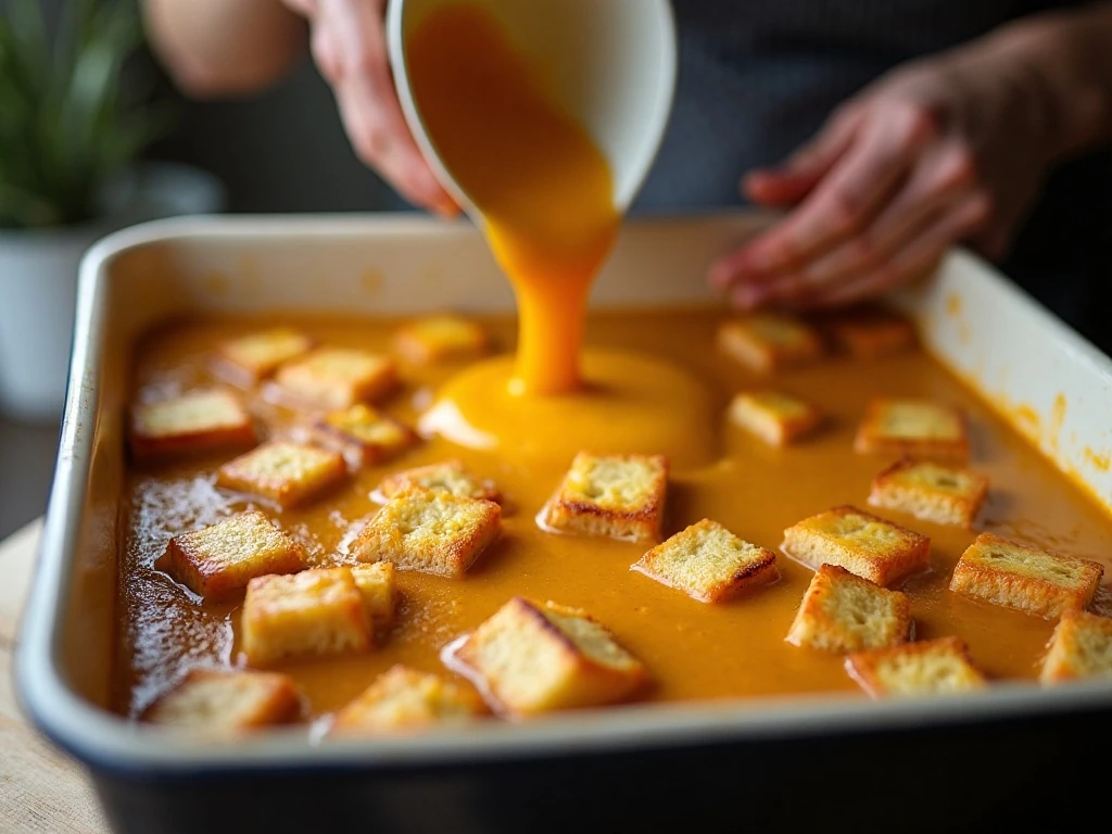Pouring pumpkin custard over bread cubes for bread pudding