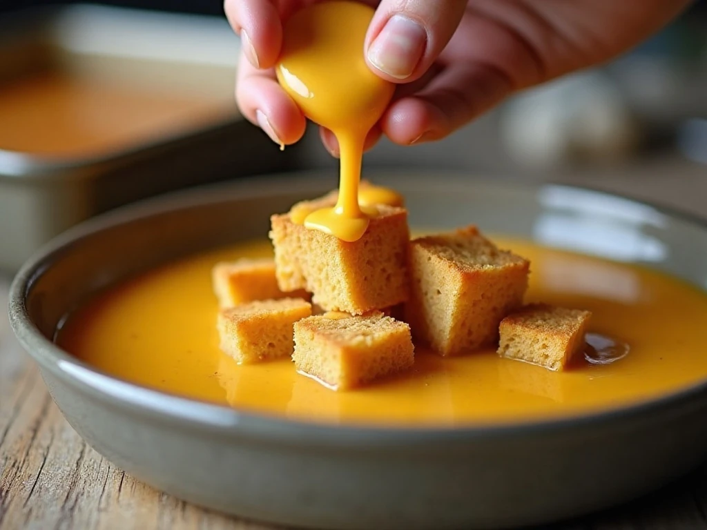 Lightly dried bread cubes ready for pumpkin custard