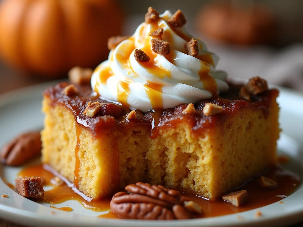 Pumpkin bread pudding garnished with whipped cream, pecans, and caramel
