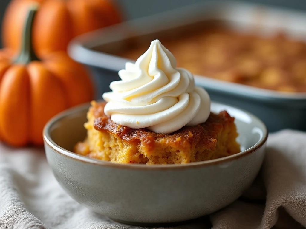 Individual serving of reheated pumpkin bread pudding