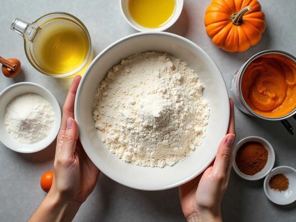 Ingredients for two loaves of pumpkin bread arranged on a counter