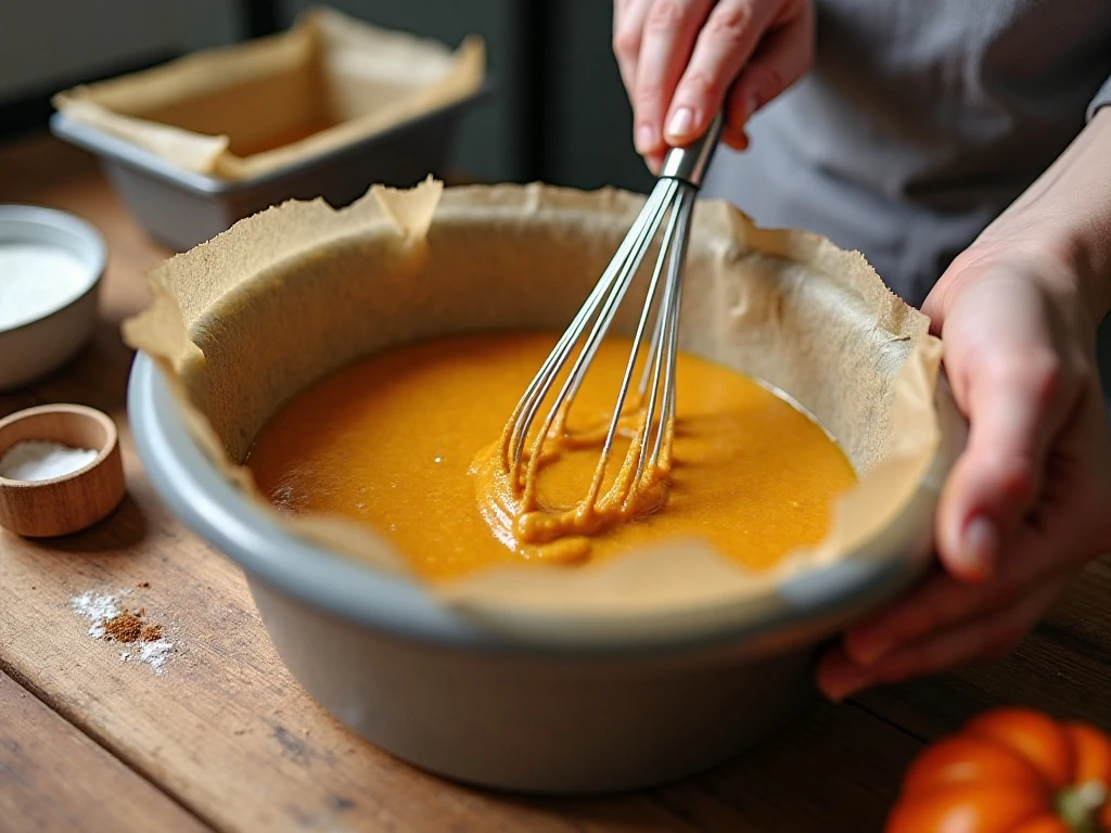 Pumpkin bread batter being mixed beside prepared loaf pans