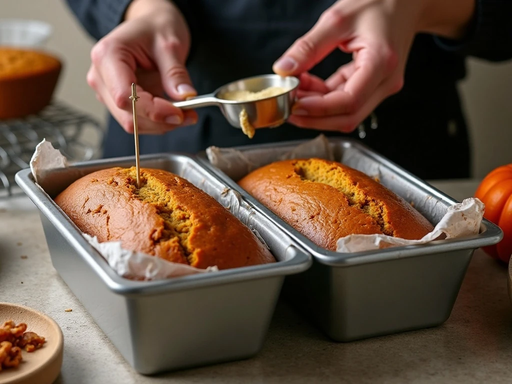 Checking the center of pumpkin bread for doneness