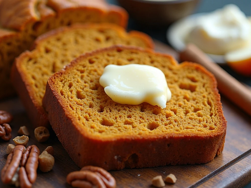 Pumpkin bread slices served with butter, cream cheese, fruit, and pecans