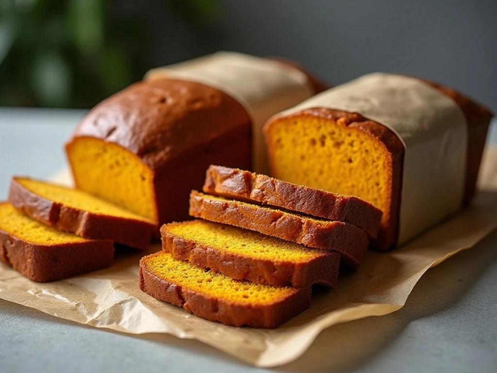 Sliced pumpkin bread with a wrapped loaf ready for storage