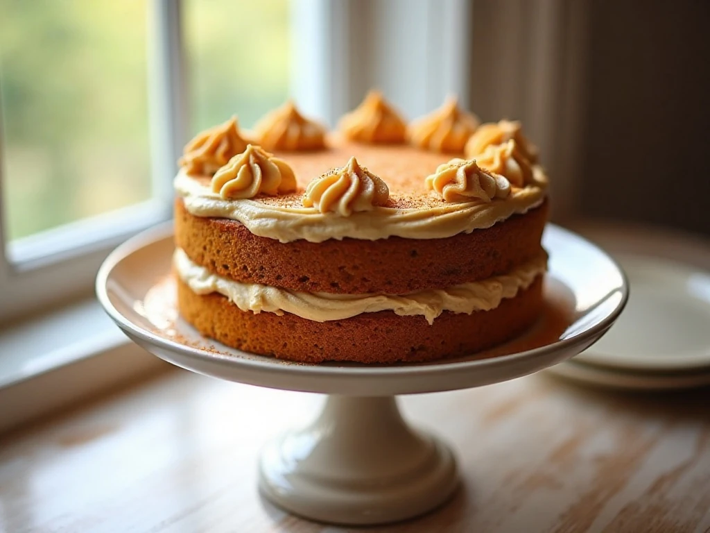 Two-layer cake covered with pumpkin buttercream frosting