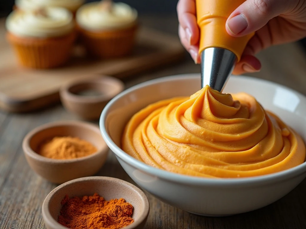 Smooth pumpkin frosting prepared for piping