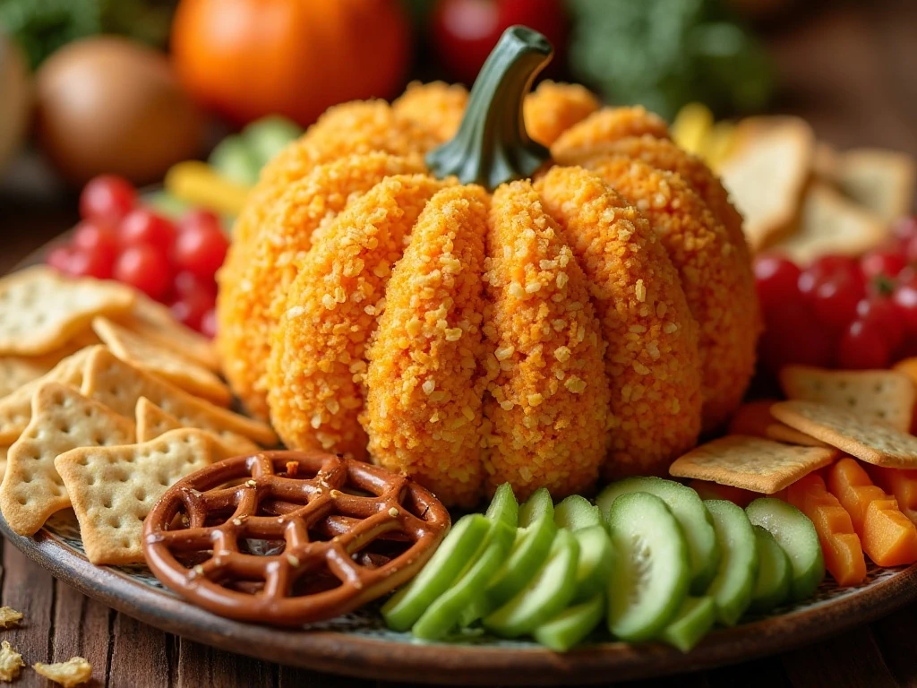 Pumpkin-shaped cheese ball surrounded by party dippers