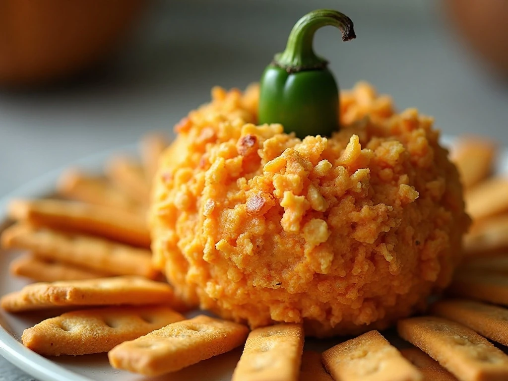 Close-up of the green pepper stem garnish on a pumpkin cheese ball