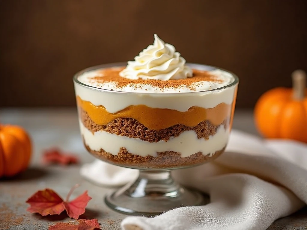 Pumpkin cheesecake gingerbread trifle displayed in a glass bowl