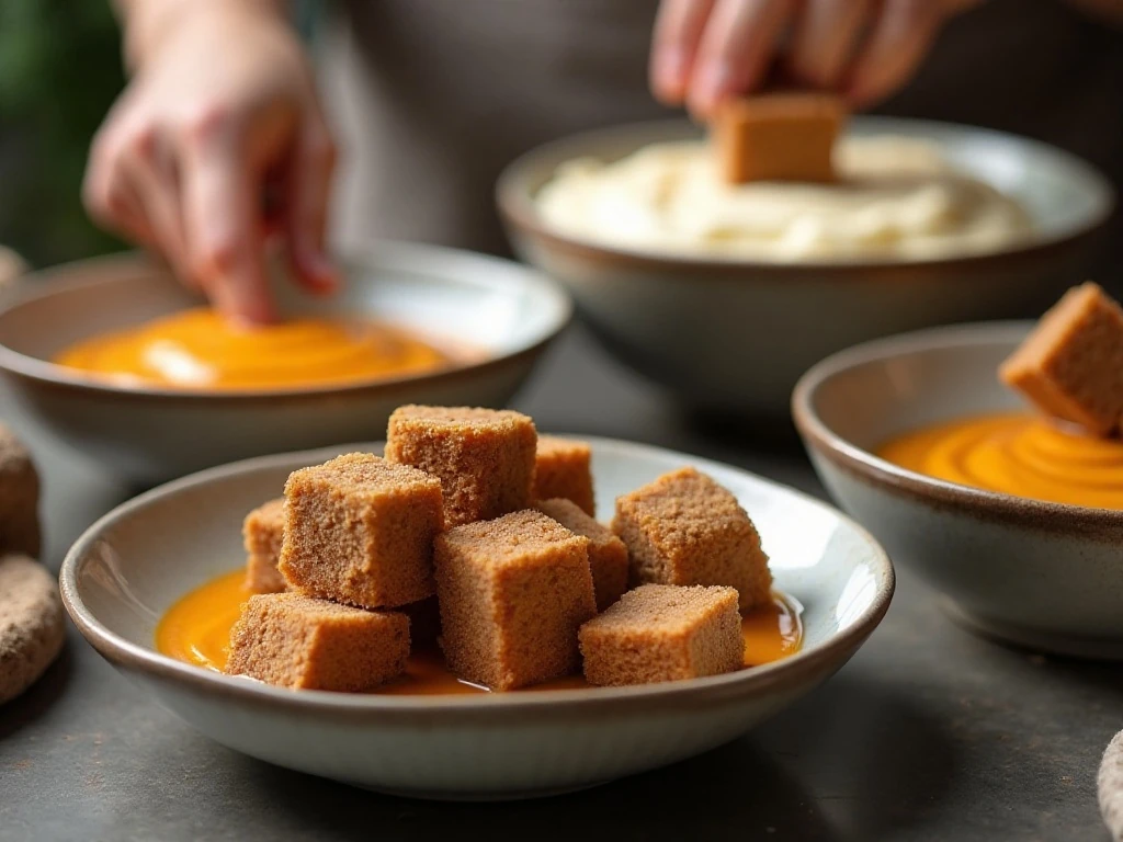 Prepared gingerbread cubes and creamy trifle layers