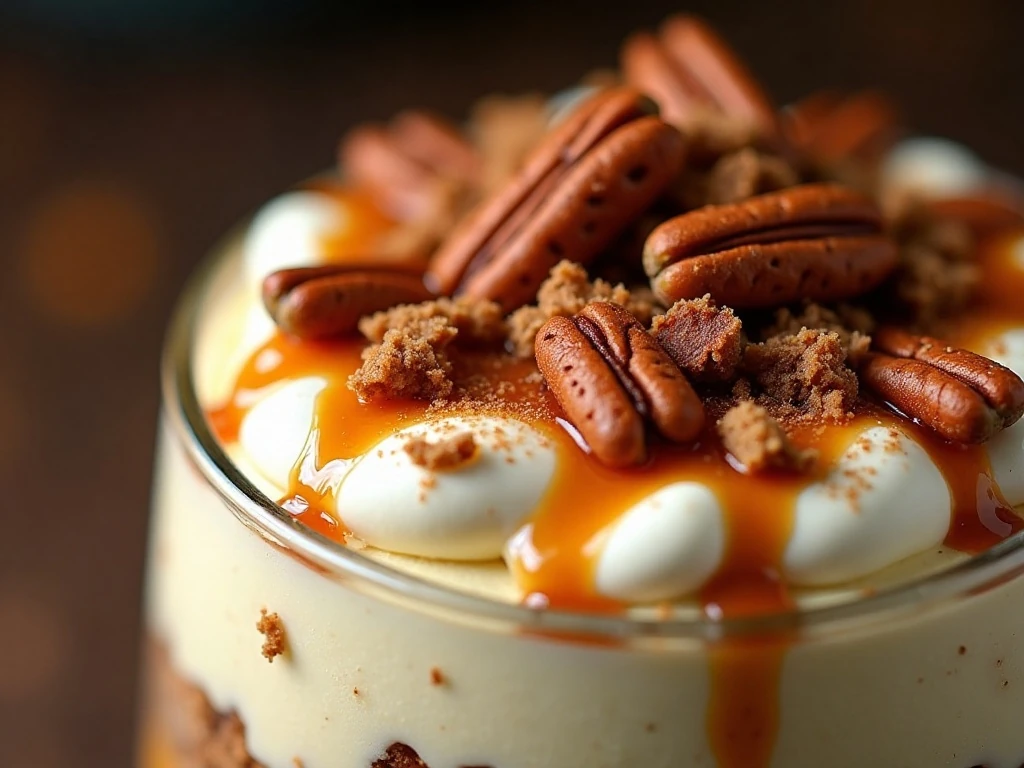 Pecan and caramel garnish on pumpkin cheesecake trifle