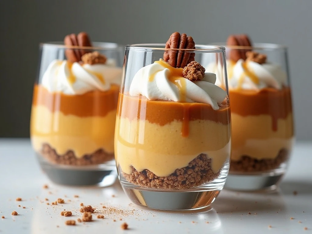 Individual pumpkin cheesecake gingerbread trifles ready to serve
