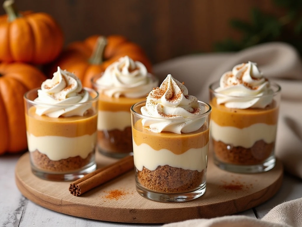 Four layered pumpkin cheesecake gingerbread yogurt parfaits ready to serve