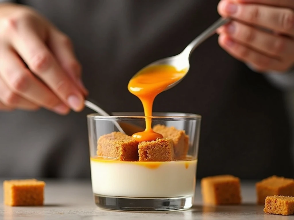 Layering pumpkin cheesecake filling over gingerbread cubes in a parfait glass