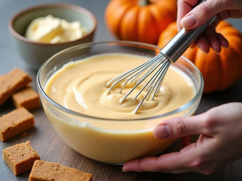 Creamy pumpkin cheesecake yogurt mixture and gingerbread cubes