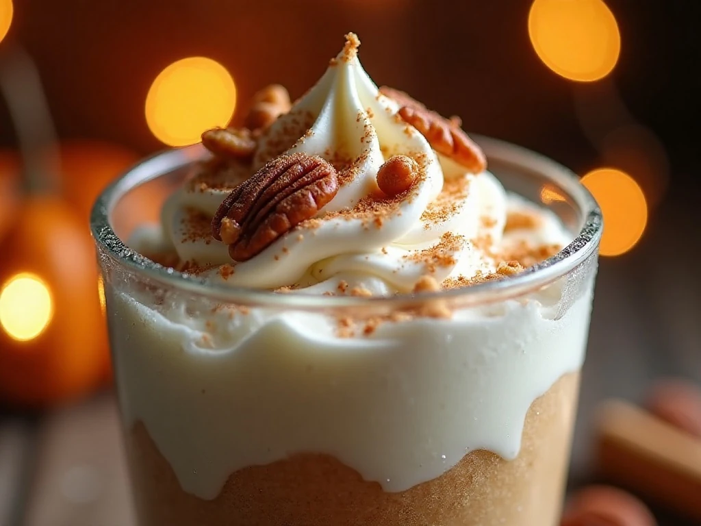 Close-up of whipped cream and pecan garnish on a pumpkin parfait