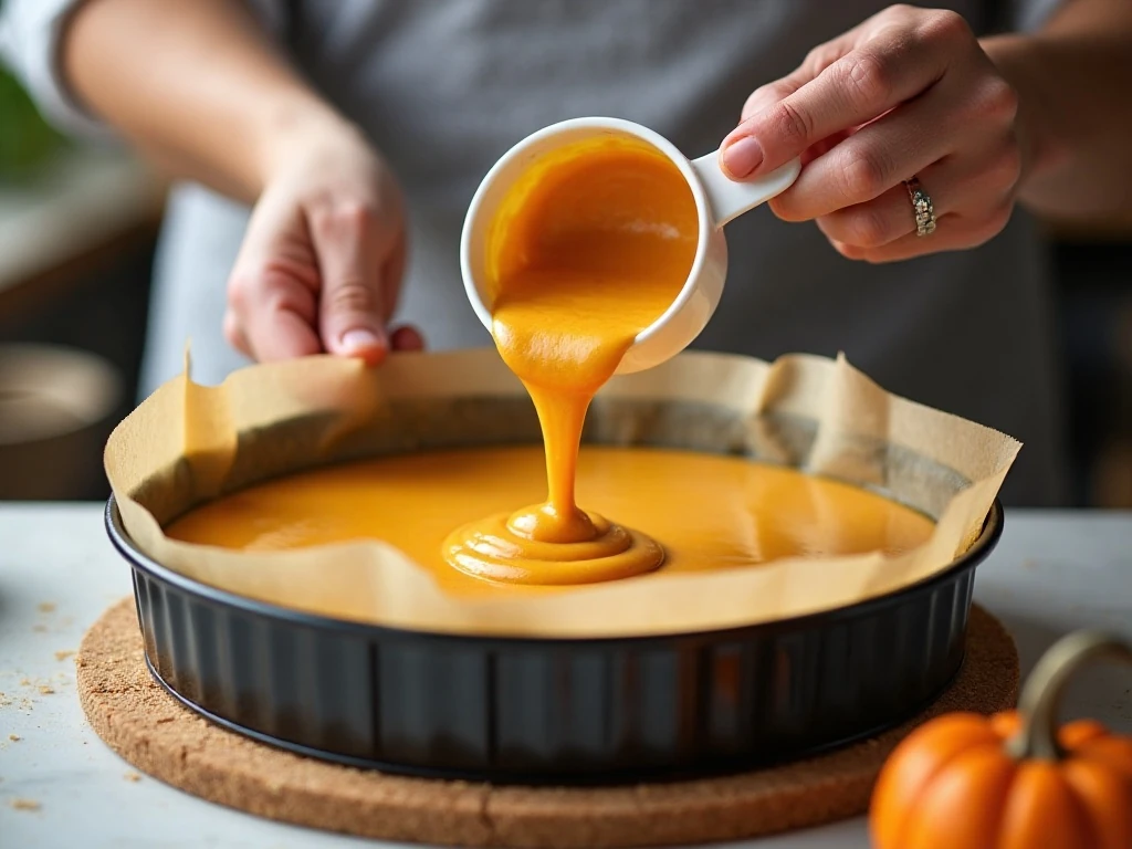 Pumpkin cheesecake filling poured over graham cracker crust
