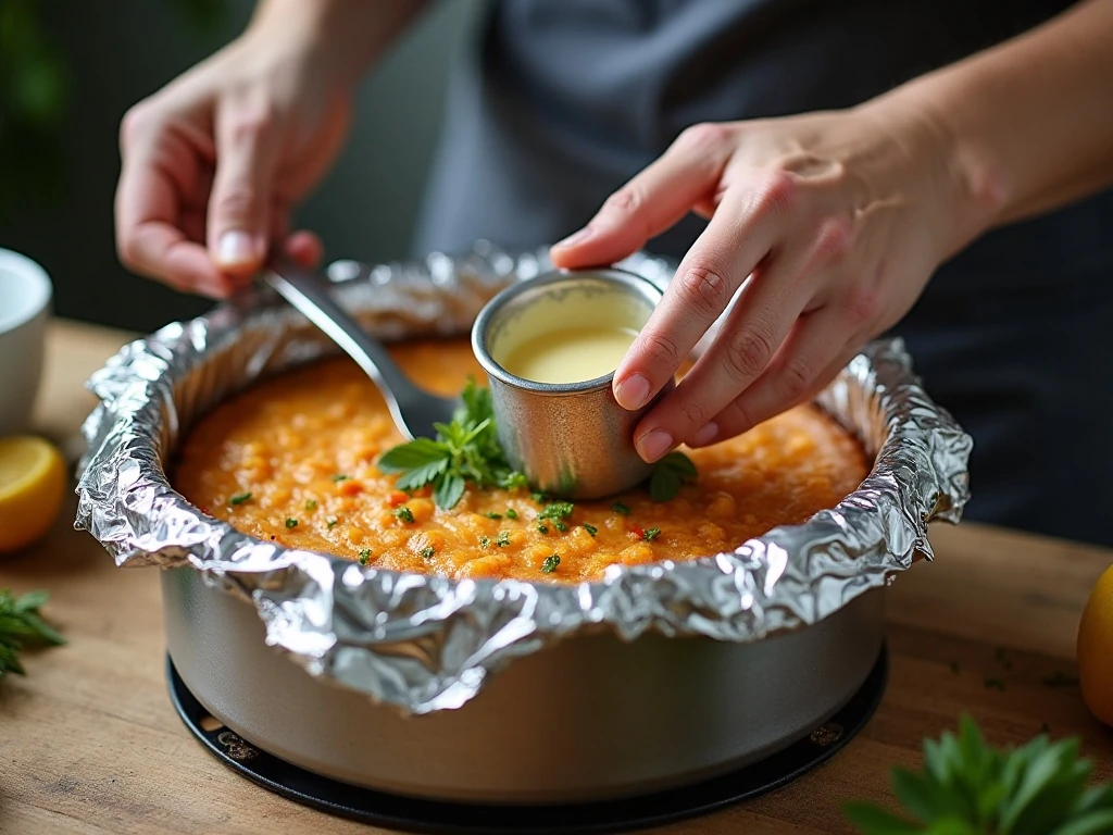 Foil-covered cheesecake pan positioned above water in a slow cooker