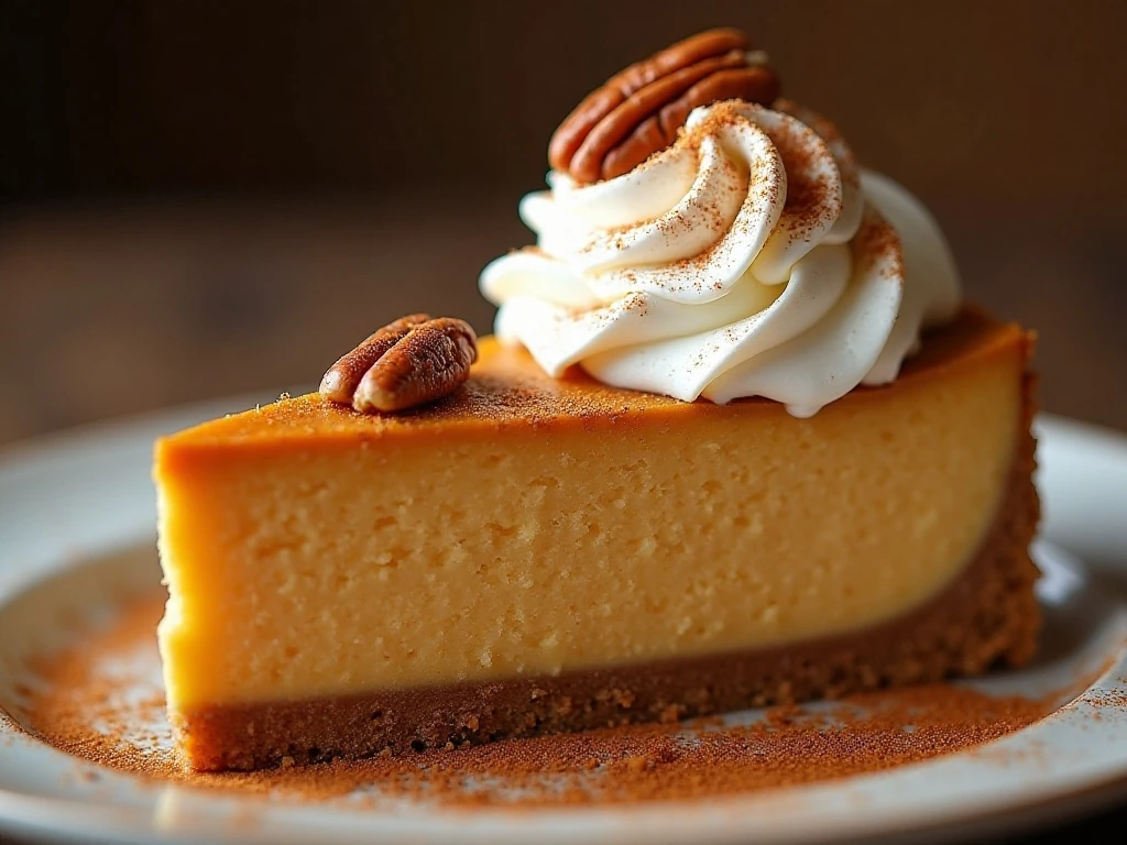 Pumpkin cheesecake slice with whipped cream and toasted pecans