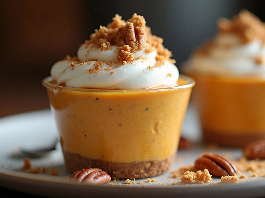 Pumpkin cheesecake pudding topped with whipped cream cinnamon and pecans