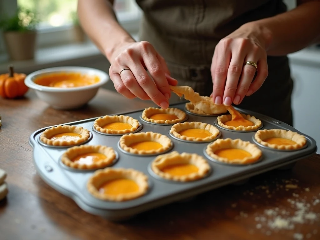 Preparing mini tart shells and pumpkin cheesecake filling