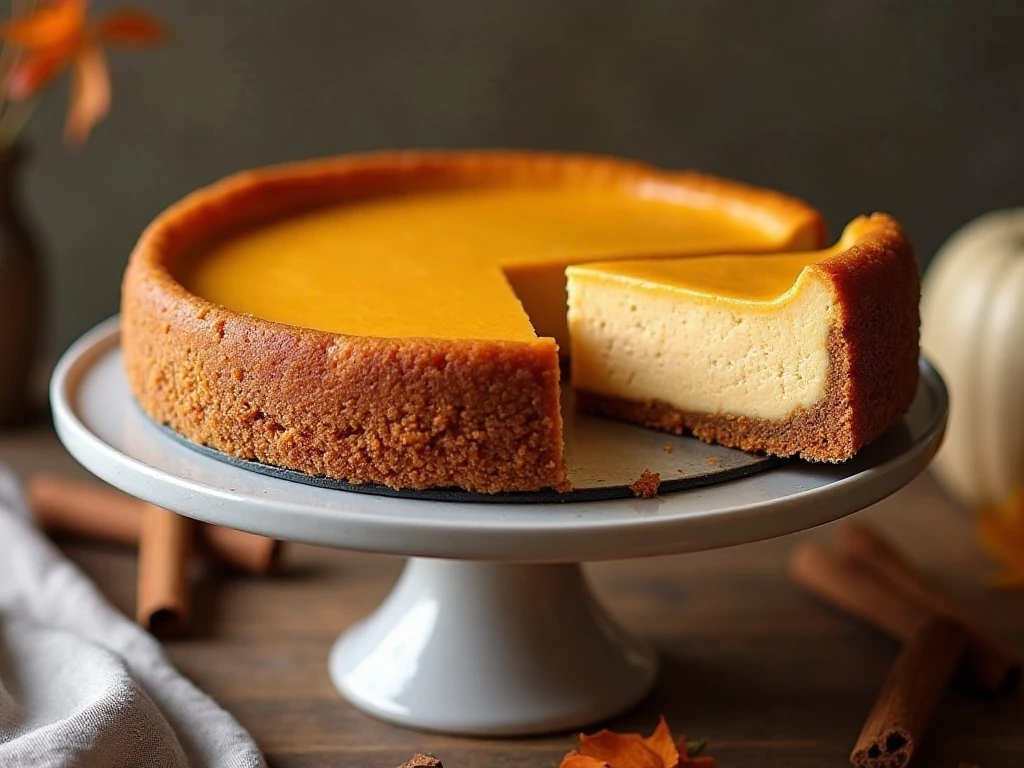 Whole pumpkin cheesecake with a gingersnap crust and one slice showing the creamy spiced filling