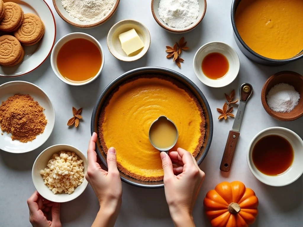 Ingredients for pumpkin cheesecake with gingersnap crust arranged for baking