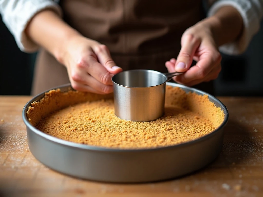 Pressing gingersnap crumbs into a springform pan to make the cheesecake crust